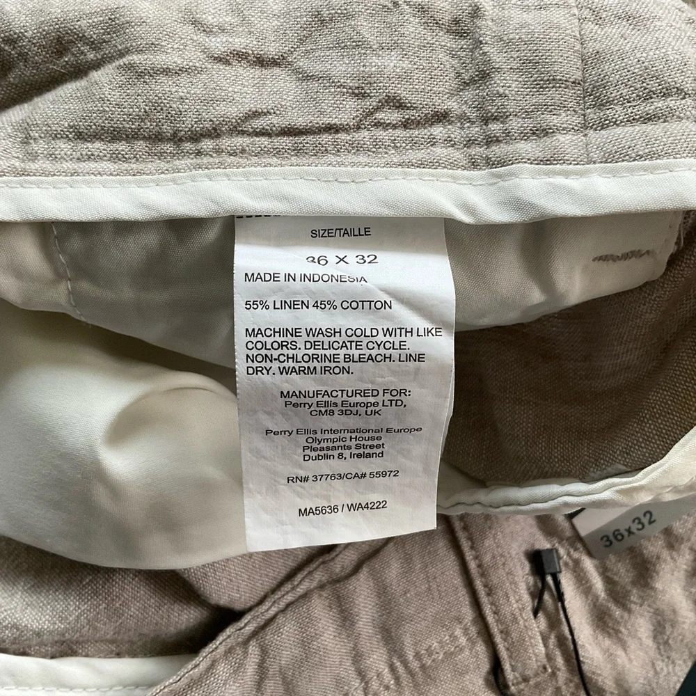 36x32 NWT Perry Ellis Linen Blend Pants Mens Khaki Light Tan Button Fly Drawcord